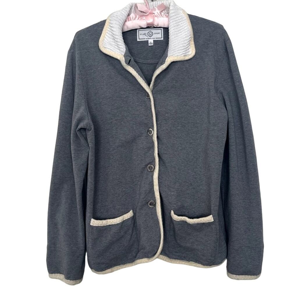 Vintage St. John Sport Large Gray Button Up Jacket Sweatshirt Preppy Old Money